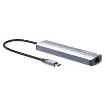 Dock/Hub USB-C Manhattan, conexiones (x6): Ethernet, HDMI, USB-A (x3) y USB-C, con Power Delivery (PD) 100W – requiere cargador USB-C externo (no incluido). Alimentado por USB (no requiere fuente de alimentación externa) cuando no se utiliza PD