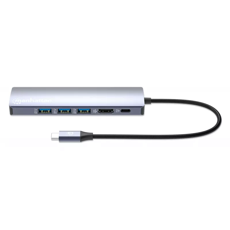 Dock/Hub USB-C Manhattan, conexiones (x6): Ethernet, HDMI, USB-A (x3) y USB-C, con Power Delivery (PD) 100W – requiere cargador USB-C externo (no incluido). Alimentado por USB (no requiere fuente de alimentación externa) cuando no se utiliza PD