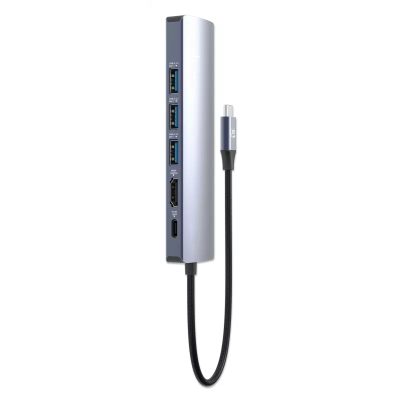 Dock/Hub USB-C Manhattan, conexiones (x6): Ethernet, HDMI, USB-A (x3) y USB-C, con Power Delivery (PD) 100W – requiere cargador USB-C externo (no incluido). Alimentado por USB (no requiere fuente de alimentación externa) cuando no se utiliza PD