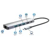 Dock/Hub USB-C Manhattan, conexiones (x6): Ethernet, HDMI, USB-A (x3) y USB-C, con Power Delivery (PD) 100W – requiere cargador USB-C externo (no incluido). Alimentado por USB (no requiere fuente de alimentación externa) cuando no se utiliza PD