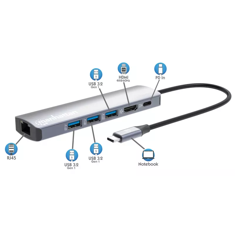 Dock/Hub USB-C Manhattan, conexiones (x6): Ethernet, HDMI, USB-A (x3) y USB-C, con Power Delivery (PD) 100W – requiere cargador USB-C externo (no incluido). Alimentado por USB (no requiere fuente de alimentación externa) cuando no se utiliza PD