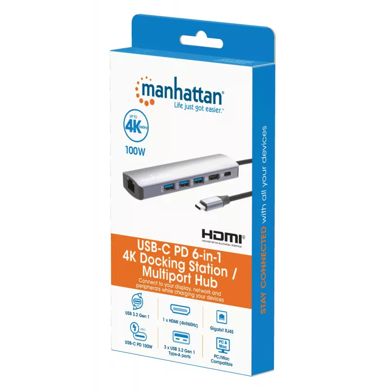Dock/Hub USB-C Manhattan, conexiones (x6): Ethernet, HDMI, USB-A (x3) y USB-C, con Power Delivery (PD) 100W – requiere cargador USB-C externo (no incluido). Alimentado por USB (no requiere fuente de alimentación externa) cuando no se utiliza PD