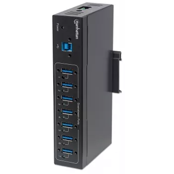 Manhattan hub USB-A de 7 puertos Industrial, 7 puertos USB-A, 5 Gbps (USB 3.2 Gen1 también conocido como USB 3.0), protección ESD de 20 kV, opciones de alimentación A/C, por bus y por regleta de bornes, carril DIN, montaje en pared, carcasa de metal, bloqueo por tornillo