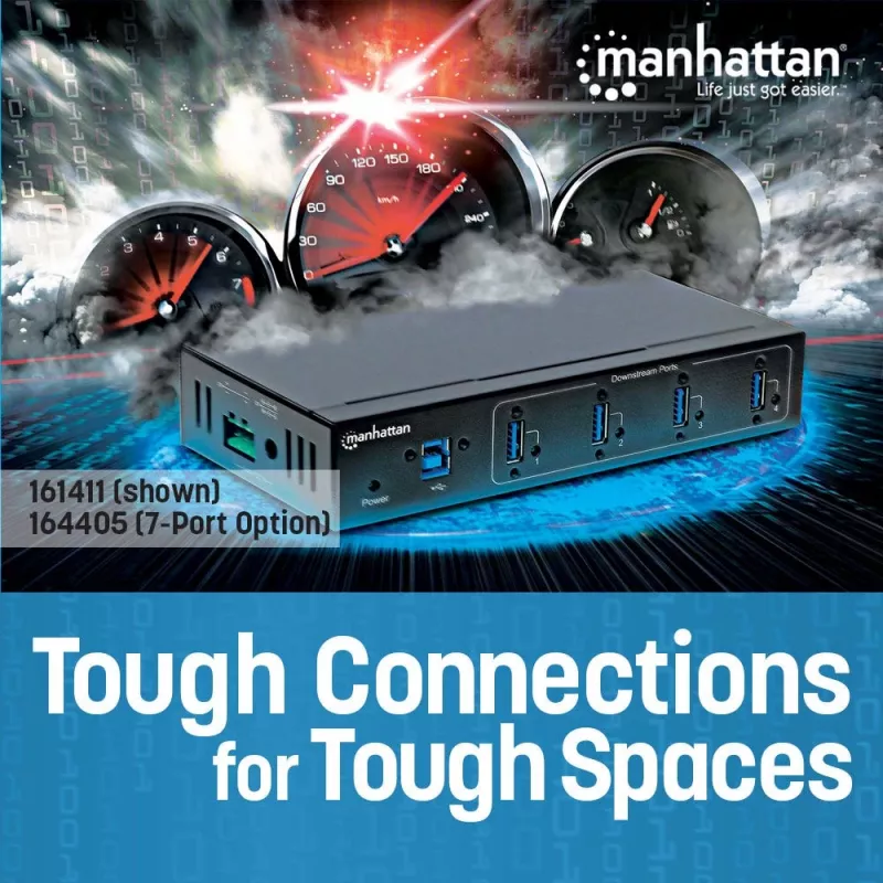 Manhattan hub USB-A de 7 puertos Industrial, 7 puertos USB-A, 5 Gbps (USB 3.2 Gen1 también conocido como USB 3.0), protección ESD de 20 kV, opciones de alimentación A/C, por bus y por regleta de bornes, carril DIN, montaje en pared, carcasa de metal, bloqueo por tornillo