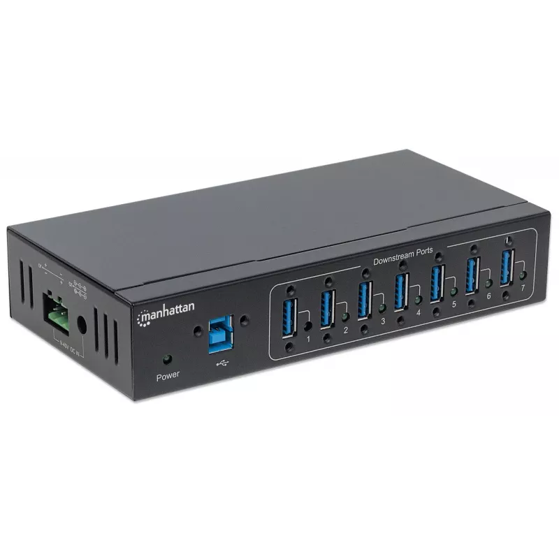 Manhattan hub USB-A de 7 puertos Industrial, 7 puertos USB-A, 5 Gbps (USB 3.2 Gen1 también conocido como USB 3.0), protección ESD de 20 kV, opciones de alimentación A/C, por bus y por regleta de bornes, carril DIN, montaje en pared, carcasa de metal, bloqueo por tornillo