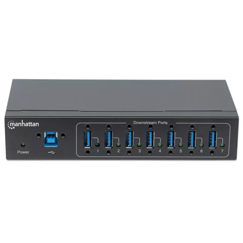Manhattan hub USB-A de 7 puertos Industrial, 7 puertos USB-A, 5 Gbps (USB 3.2 Gen1 también conocido como USB 3.0), protección ESD de 20 kV, opciones de alimentación A/C, por bus y por regleta de bornes, carril DIN, montaje en pared, carcasa de metal, bloqueo por tornillo