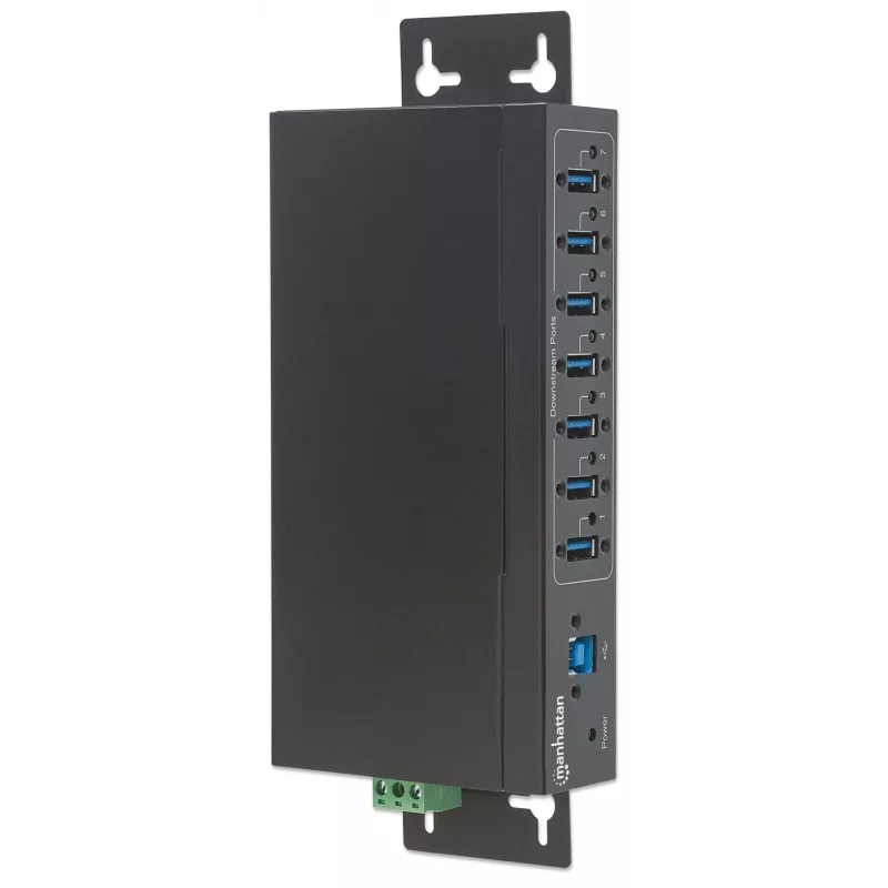Manhattan hub USB-A de 7 puertos Industrial, 7 puertos USB-A, 5 Gbps (USB 3.2 Gen1 también conocido como USB 3.0), protección ESD de 20 kV, opciones de alimentación A/C, por bus y por regleta de bornes, carril DIN, montaje en pared, carcasa de metal, bloqueo por tornillo