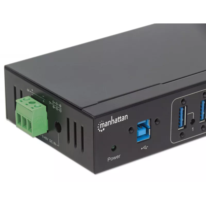 Manhattan hub USB-A de 7 puertos Industrial, 7 puertos USB-A, 5 Gbps (USB 3.2 Gen1 también conocido como USB 3.0), protección ESD de 20 kV, opciones de alimentación A/C, por bus y por regleta de bornes, carril DIN, montaje en pared, carcasa de metal, bloqueo por tornillo