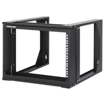 Rack de red de pared open frame Intellinet de 19 pulgadas, 6 U, marco pivotante abatible frontal, embalaje plano, 2 postes, 45 cm de profundidad, negro RAL 9004