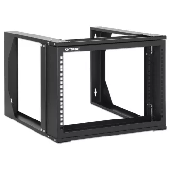 Rack de red de pared open frame Intellinet de 19 pulgadas, 6 U, marco pivotante abatible frontal, embalaje plano, 2 postes, 45 cm de profundidad, negro RAL 9004