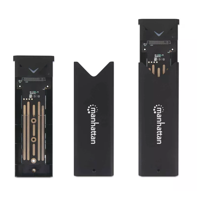 Caja para SSD M.2 NVMe Manhattan, conector hembra USB-C, 10 Gbit/s (USB 3.2 Gen2 alias USB 3.1), compatible con UASP, SuperSpeed+ USB, aluminio, negro, tres años de garantía