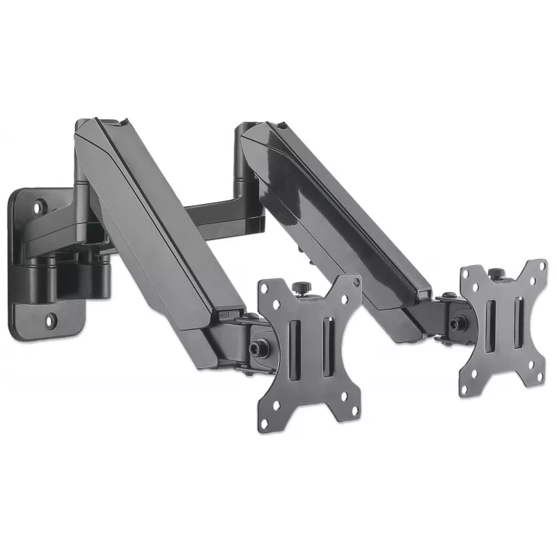 Soporte de pared doble Manhattan para TV y monitores (brazo de gas de movimiento completo), para pantallas de 17 inch a 32 inch, compatibilidad VESA: 75x75 mm y 100x100 mm – comprueba las dimensiones de los cuatro orificios de montaje en la parte trasera de la pantalla para asegurar la compatibilidad, máx. 8 kg por brazo, Negro, soporte