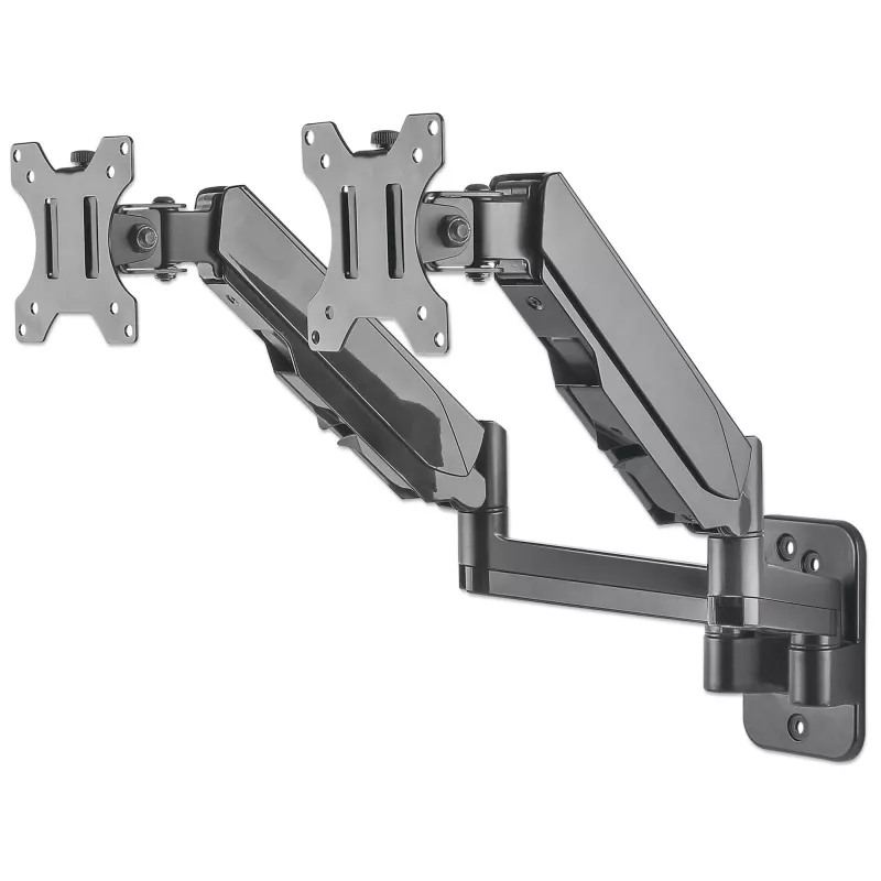 Soporte de pared doble Manhattan para TV y monitores (brazo de gas de movimiento completo), para pantallas de 17 inch a 32 inch, compatibilidad VESA: 75x75 mm y 100x100 mm – comprueba las dimensiones de los cuatro orificios de montaje en la parte trasera de la pantalla para asegurar la compatibilidad, máx. 8 kg por brazo, Negro, soporte