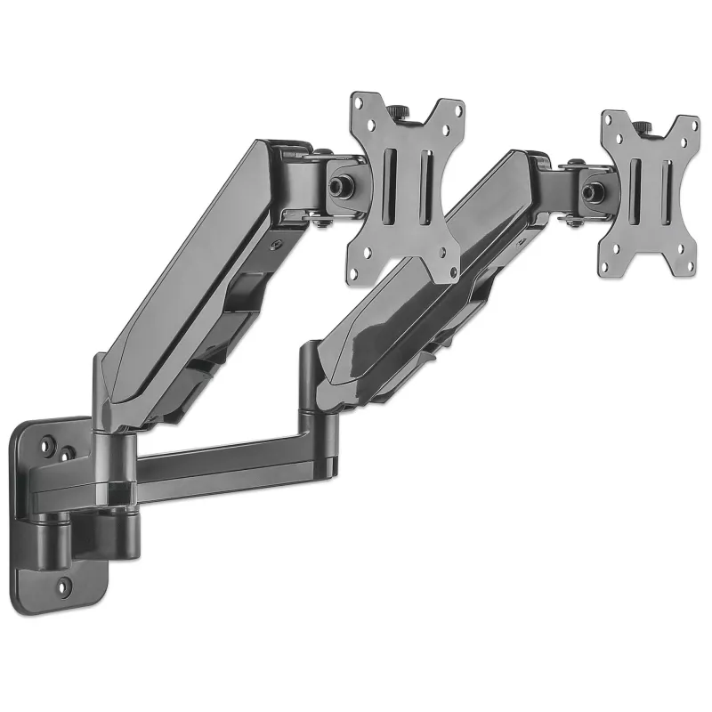 Soporte de pared doble Manhattan para TV y monitores (brazo de gas de movimiento completo), para pantallas de 17 inch a 32 inch, compatibilidad VESA: 75x75 mm y 100x100 mm – comprueba las dimensiones de los cuatro orificios de montaje en la parte trasera de la pantalla para asegurar la compatibilidad, máx. 8 kg por brazo, Negro, soporte