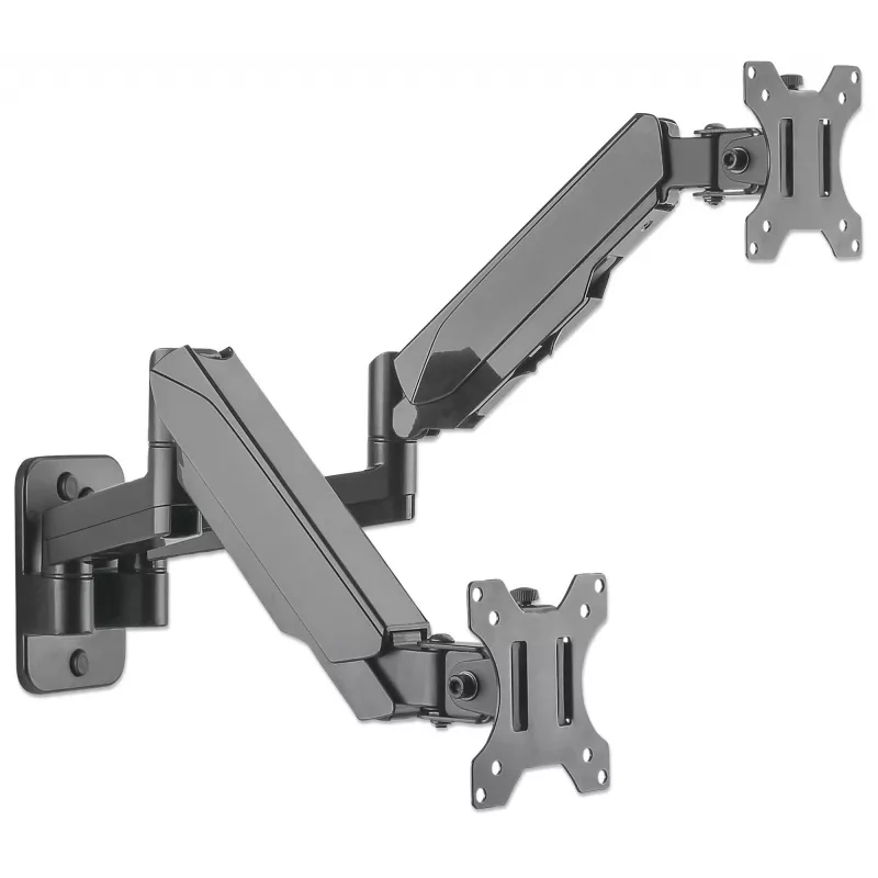 Soporte de pared doble Manhattan para TV y monitores (brazo de gas de movimiento completo), para pantallas de 17 inch a 32 inch, compatibilidad VESA: 75x75 mm y 100x100 mm – comprueba las dimensiones de los cuatro orificios de montaje en la parte trasera de la pantalla para asegurar la compatibilidad, máx. 8 kg por brazo, Negro, soporte