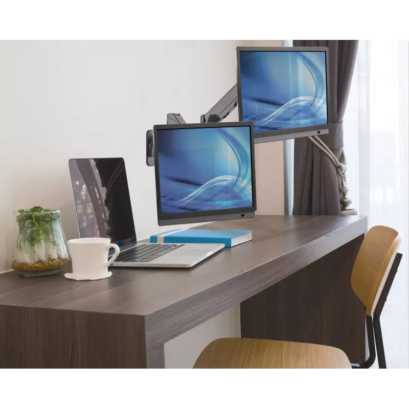 Soporte de pared doble Manhattan para TV y monitores (brazo de gas de movimiento completo), para pantallas de 17 inch a 32 inch, compatibilidad VESA: 75x75 mm y 100x100 mm – comprueba las dimensiones de los cuatro orificios de montaje en la parte trasera de la pantalla para asegurar la compatibilidad, máx. 8 kg por brazo, Negro, soporte