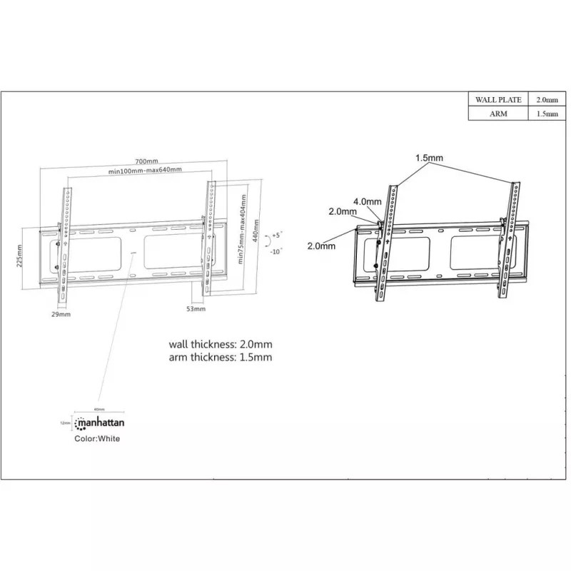 Soporte de pared Manhattan para TV y monitores (inclinable), para pantallas de 37 inch a 65 inch, compatibilidad VESA: todas entre 200x200 mm y 600x400 mm – comprueba las dimensiones de los cuatro orificios de montaje en la parte trasera de la pantalla para asegurar la compatibilidad, máx. 80 kg, Negro, soporte