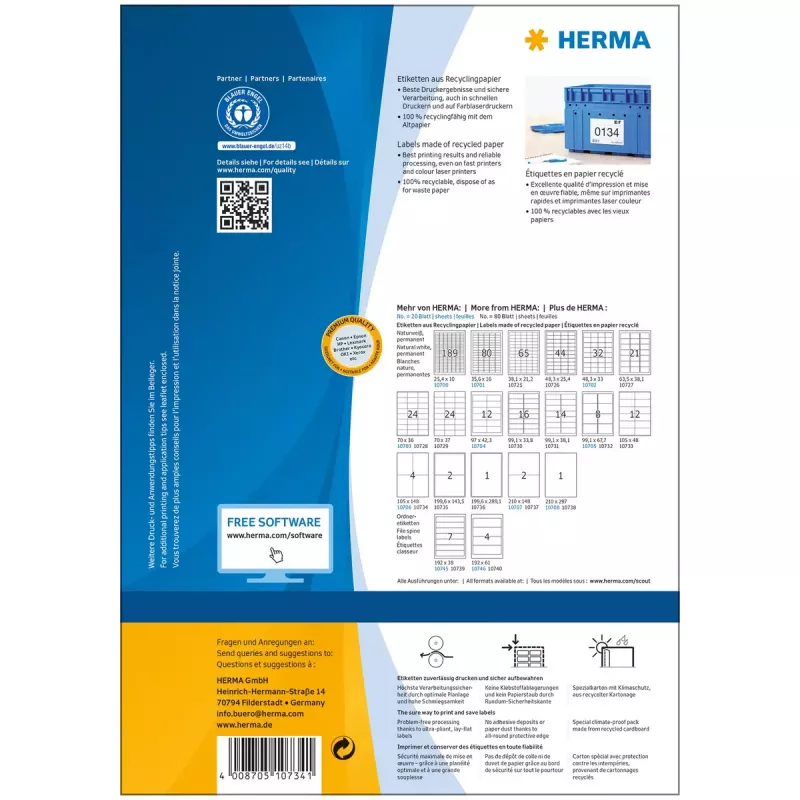 Etiquetas de impresora autoadhesivas HERMA 10734 blancas 10,5x14,8 cm 320 etiquetas