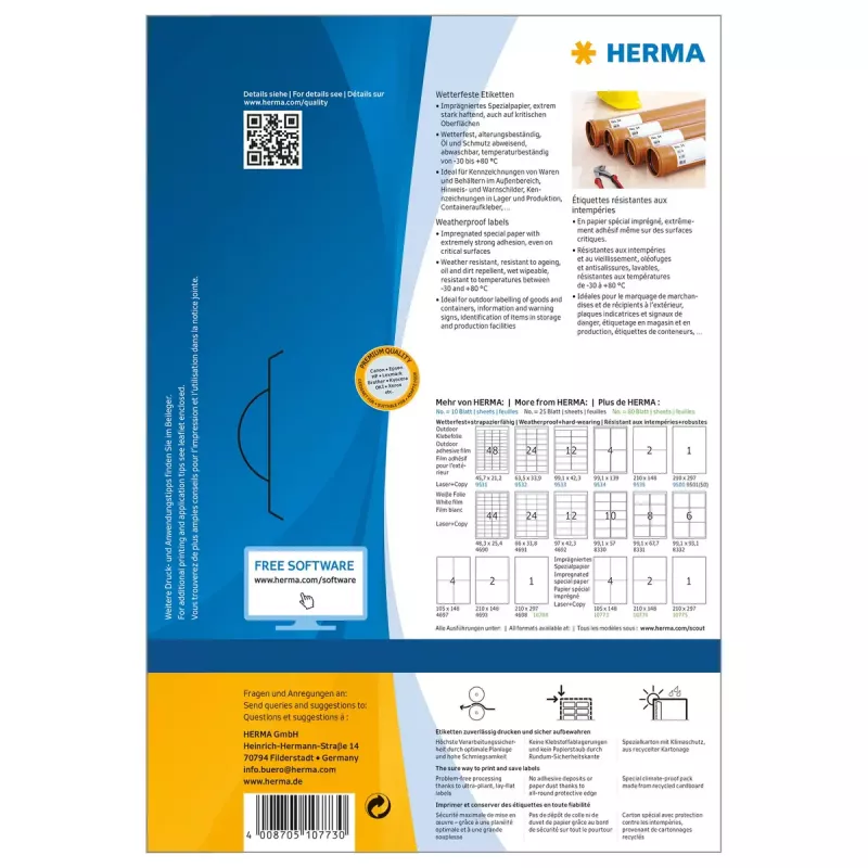 HERMA 10773 etiquetas resistentes a la intemperie, 105 x 148 mm, A4, autoadhesivas, blancas