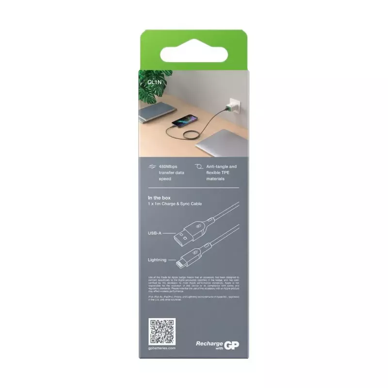 Cable GP Batteries CL1N 1 m Lightning a USB A 12W 2,4A