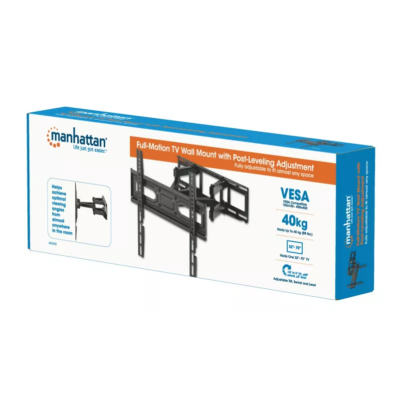 Manhattan soporte de pared para TV y monitores (Full Motion), para pantallas de 32 inch a 55 inch, compatibilidad VESA: todas entre 100x100mm y 400x400mm - comprueba las dimensiones de los cuatro orificios de montaje en la parte posterior de la pantalla para asegurarte de que encaja, máx. 40 kg, negro, soporte, garantía de por vida