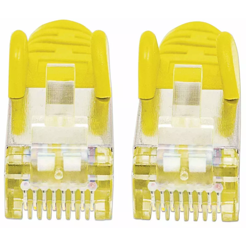 Cable de red patch Intellinet, cable Cat7/conector Cat6A, 2 m, amarillo, cobre, S/FTP, LSOH/LSZH, PVC, RJ45, contactos dorados, sin lengüeta, funda antipinzamiento, garantía de por vida