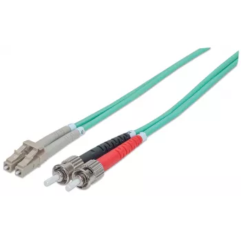 Cable de fibra óptica patch Intellinet, OM3, ST/LC, 1 m, aqua, dúplex, multimodo, 50/125 µm, LSZH, fibra óptica, garantía de por vida