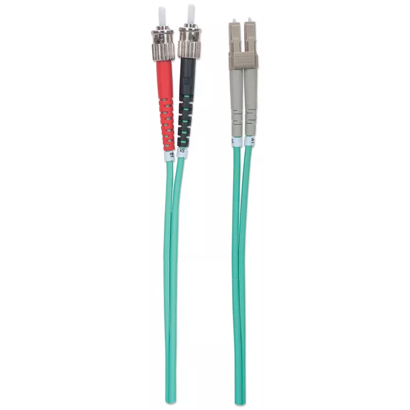 Cable de fibra óptica patch Intellinet, OM3, ST/LC, 1 m, aqua, dúplex, multimodo, 50/125 µm, LSZH, fibra óptica, garantía de por vida