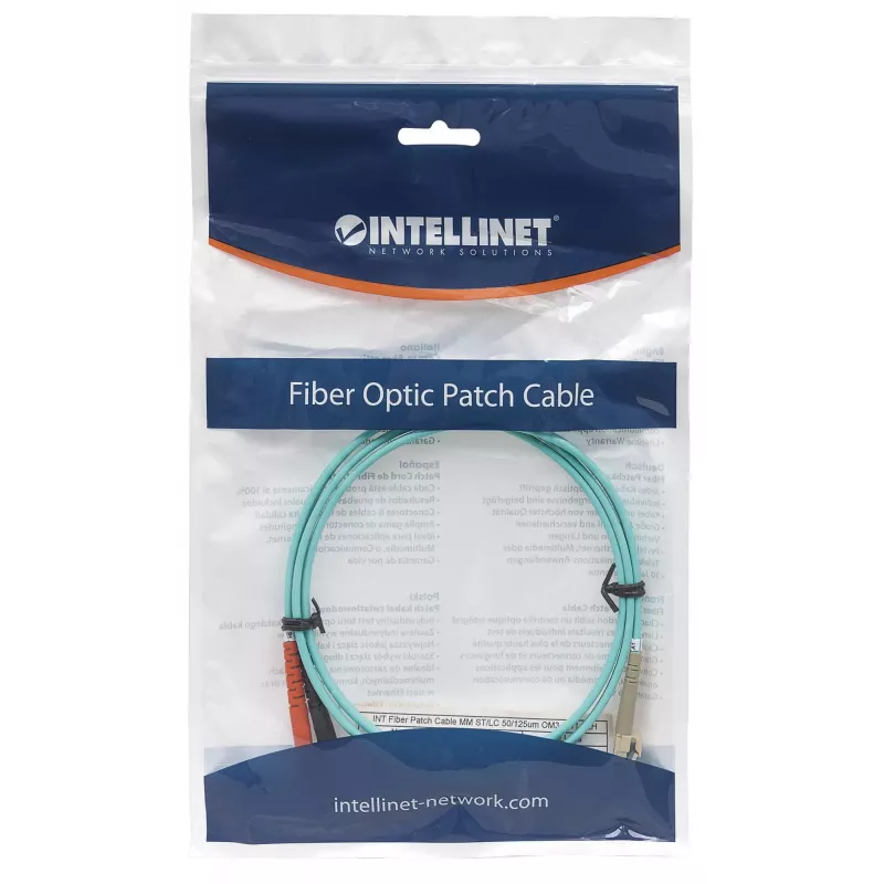 Cable de fibra óptica patch Intellinet, OM3, ST/LC, 1 m, aqua, dúplex, multimodo, 50/125 µm, LSZH, fibra óptica, garantía de por vida