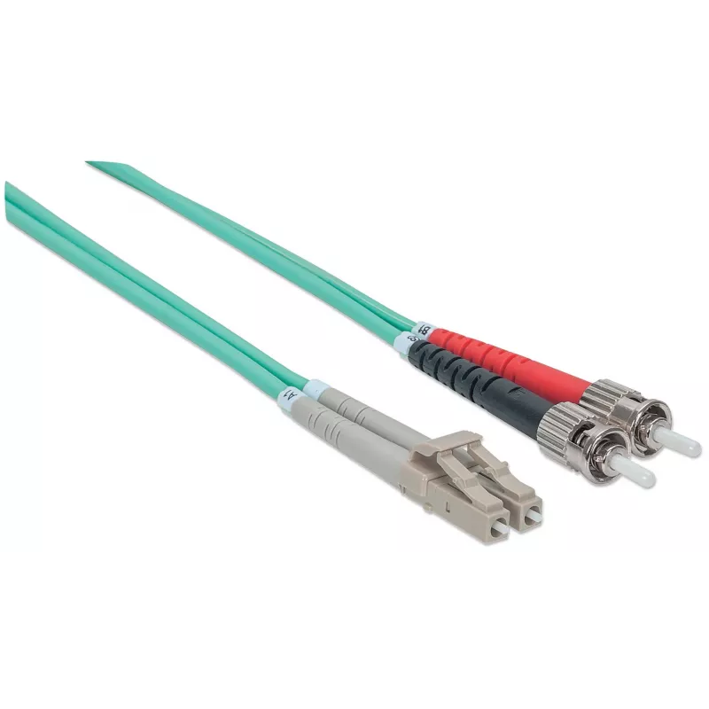 Cable de fibra óptica patch Intellinet, OM3, ST/LC, 2 m, aqua, dúplex, multimodo, 50/125 µm, LSZH, fibra óptica, garantía de por vida