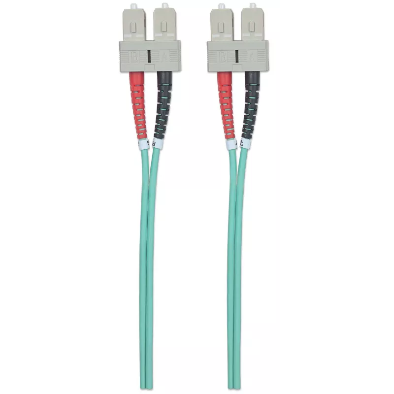 Cable de fibra óptica patch Intellinet, OM3, SC/SC, 2 m, aqua, dúplex, multimodo, 50/125 µm, LSZH, fibra óptica, garantía de por vida