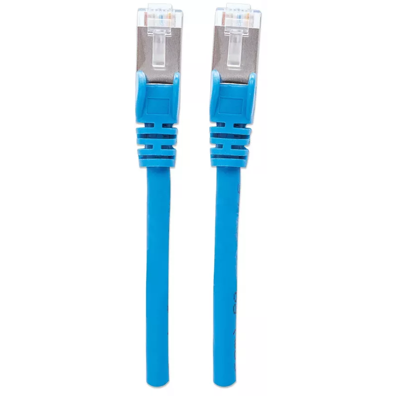 Cable de red patch Intellinet, Cat6A, 1 m, azul, cobre, S/FTP, LSOH/LSZH, PVC, RJ45, contactos dorados, funda antipinzamiento con lengüeta protegida, garantía de por vida