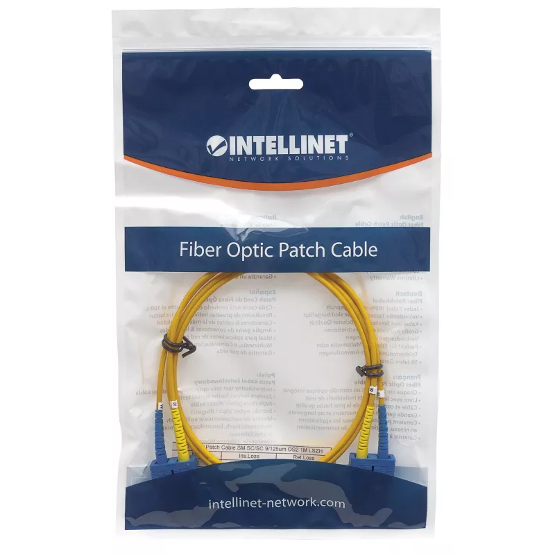Cable de fibra óptica patch Intellinet, OS2, SC/SC, 5 m, amarillo, dúplex, monomodo, 9/125 µm, LSZH, fibra óptica, garantía de por vida