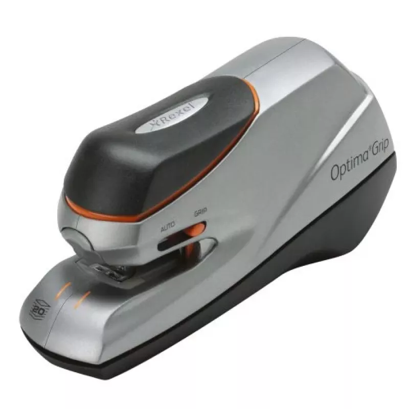 Rapid Optima GripE 2102349 grapadora eléctrica, 20 hojas, profundidad de inserción 26 mm, ABS/metal, blanco/gris/azul