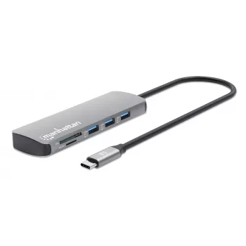 Dock/hub USB-C Manhattan con lector de tarjetas, conexiones (x7): Ethernet, HDMI, USB-A (x3) y USB-C (x2), con Power Delivery (PD) 100 W – requiere cargador USB-C externo (no incluido). Alimentado por USB (no requiere fuente de alimentación externa) cuando no se utiliza PD.