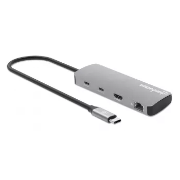 Dock/hub USB-C Manhattan con lector de tarjetas, conexiones (x7): Ethernet, HDMI, USB-A (x3) y USB-C (x2), con Power Delivery (PD) 100 W – requiere cargador USB-C externo (no incluido). Alimentado por USB (no requiere fuente de alimentación externa) cuando no se utiliza PD.