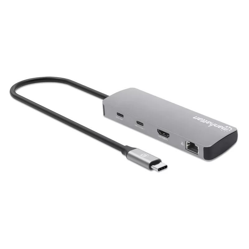 Dock/hub USB-C Manhattan con lector de tarjetas, conexiones (x7): Ethernet, HDMI, USB-A (x3) y USB-C (x2), con Power Delivery (PD) 100 W – requiere cargador USB-C externo (no incluido). Alimentado por USB (no requiere fuente de alimentación externa) cuando no se utiliza PD.