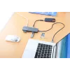 Dock/hub USB-C Manhattan con lector de tarjetas, conexiones (x7): Ethernet, HDMI, USB-A (x3) y USB-C (x2), con Power Delivery (PD) 100 W – requiere cargador USB-C externo (no incluido). Alimentado por USB (no requiere fuente de alimentación externa) cuando no se utiliza PD.
