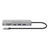 Dock/hub USB-C Manhattan con lector de tarjetas, conexiones (x7): Ethernet, HDMI, USB-A (x3) y USB-C (x2), con Power Delivery (PD) 100 W – requiere cargador USB-C externo (no incluido). Alimentado por USB (no requiere fuente de alimentación externa) cuando no se utiliza PD.