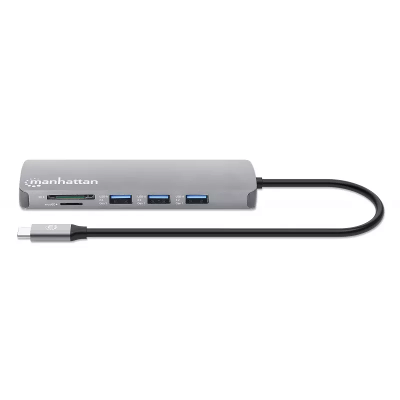 Dock/hub USB-C Manhattan con lector de tarjetas, conexiones (x7): Ethernet, HDMI, USB-A (x3) y USB-C (x2), con Power Delivery (PD) 100 W – requiere cargador USB-C externo (no incluido). Alimentado por USB (no requiere fuente de alimentación externa) cuando no se utiliza PD.
