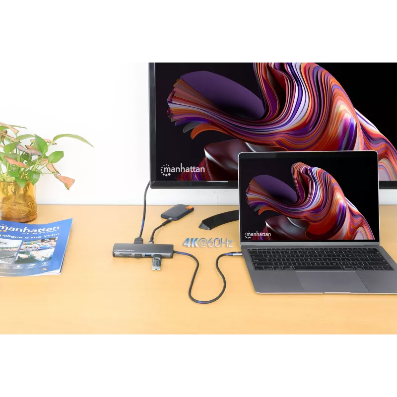 Dock/hub USB-C Manhattan con lector de tarjetas, conexiones (x7): Ethernet, HDMI, USB-A (x3) y USB-C (x2), con Power Delivery (PD) 100 W – requiere cargador USB-C externo (no incluido). Alimentado por USB (no requiere fuente de alimentación externa) cuando no se utiliza PD.