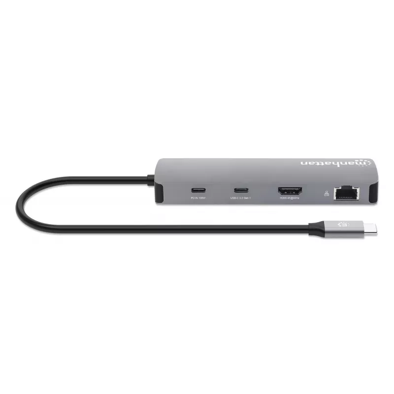 Dock/hub USB-C Manhattan con lector de tarjetas, conexiones (x7): Ethernet, HDMI, USB-A (x3) y USB-C (x2), con Power Delivery (PD) 100 W – requiere cargador USB-C externo (no incluido). Alimentado por USB (no requiere fuente de alimentación externa) cuando no se utiliza PD.