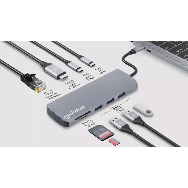 Dock/hub USB-C Manhattan con lector de tarjetas, conexiones (x7): Ethernet, HDMI, USB-A (x3) y USB-C (x2), con Power Delivery (PD) 100 W – requiere cargador USB-C externo (no incluido). Alimentado por USB (no requiere fuente de alimentación externa) cuando no se utiliza PD.