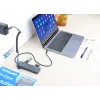 Dock/hub USB-C Manhattan con lector de tarjetas, conexiones (x7): Ethernet, HDMI, USB-A (x3) y USB-C (x2), con Power Delivery (PD) 100 W – requiere cargador USB-C externo (no incluido). Alimentado por USB (no requiere fuente de alimentación externa) cuando no se utiliza PD.