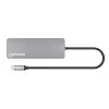 Dock/hub USB-C Manhattan con lector de tarjetas, conexiones (x7): Ethernet, HDMI, USB-A (x3) y USB-C (x2), con Power Delivery (PD) 100 W – requiere cargador USB-C externo (no incluido). Alimentado por USB (no requiere fuente de alimentación externa) cuando no se utiliza PD.