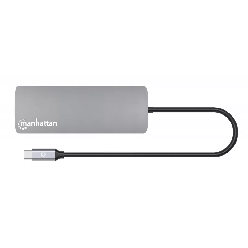 Dock/hub USB-C Manhattan con lector de tarjetas, conexiones (x7): Ethernet, HDMI, USB-A (x3) y USB-C (x2), con Power Delivery (PD) 100 W – requiere cargador USB-C externo (no incluido). Alimentado por USB (no requiere fuente de alimentación externa) cuando no se utiliza PD.