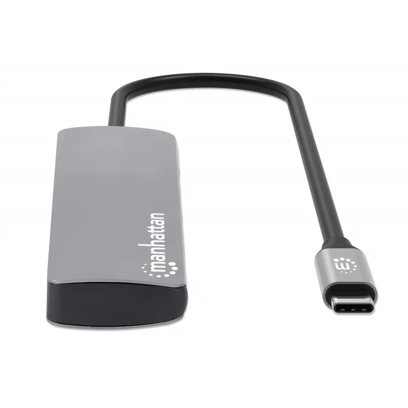 Dock/hub USB-C Manhattan con lector de tarjetas, conexiones (x7): Ethernet, HDMI, USB-A (x3) y USB-C (x2), con Power Delivery (PD) 100 W – requiere cargador USB-C externo (no incluido). Alimentado por USB (no requiere fuente de alimentación externa) cuando no se utiliza PD.