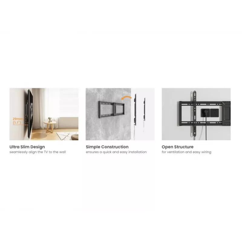 Soporte de pared fijo y plano para TV EQUIP para pantallas de 43 a 95 pulgadas, VESA 200×200–800×400, carga máx. 75 kg, negro