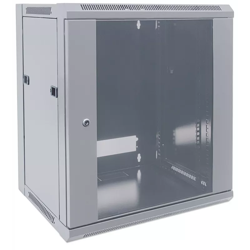 Armario de red Intellinet 19 pulgadas – montaje en pared (estándar), 12U, 600 mm de profundidad, gris, embalaje plano, máx. 60 kg, puerta de metal y cristal, panel trasero, laterales desmontables, también apto para colocación sobre mesa o suelo, profundidad útil 410 mm, piezas para instalación en pared (p. ej. tornillos/tacos) no incluidas