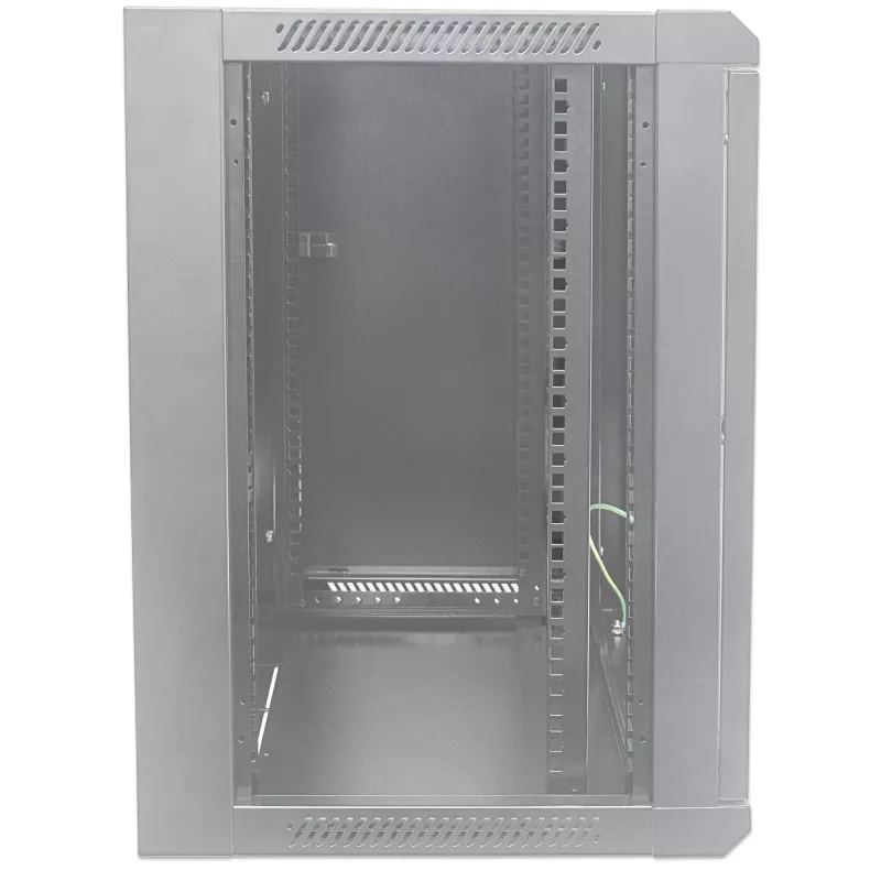 Armario de red Intellinet 19 pulgadas – montaje en pared (estándar), 12U, 600 mm de profundidad, gris, embalaje plano, máx. 60 kg, puerta de metal y cristal, panel trasero, laterales desmontables, también apto para colocación sobre mesa o suelo, profundidad útil 410 mm, piezas para instalación en pared (p. ej. tornillos/tacos) no incluidas